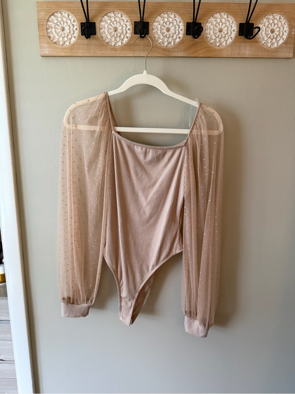 Pink Lily Sheer Dot Sleeve Ribbed Bodysuit - Nude